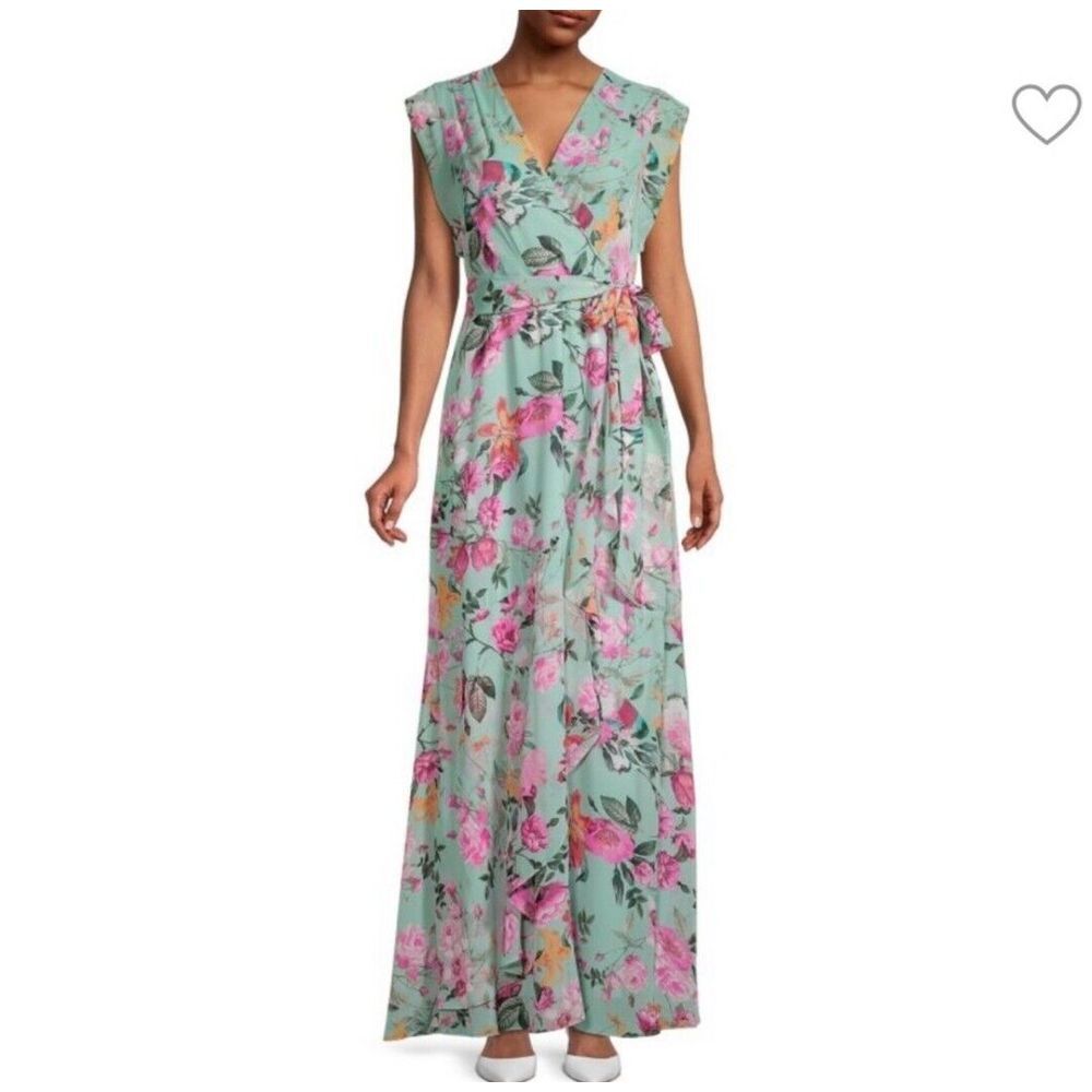 Eliza J Floral Print Chiffon Faux Wrap Maxi Dress sz 10 Ruffle Zip Fairy Wedding